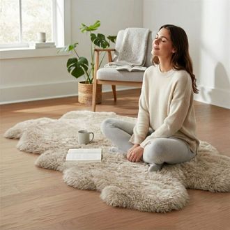 Infinity Leather Genuine Sheepskin Cream Quad Natural Fluffy Silky Soft Real Wool Rug