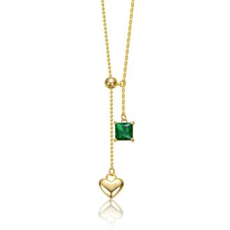 Rachel Glauber 14K Gold Plated with Emerald Green Cubic Zirconia & Golden Heart Y-Shape Elegance Necklace