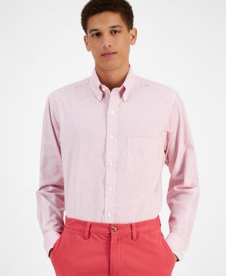 Club Room Dress Shirt Mens Red White Striped Cotton Button Down FTS208