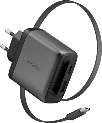 OEM Cargador De Pared Energea Ampcharge Arc 65 Usb-a/usb-c + Cable Retr&aacute;ctil Usb-c Pd/pps/qc3.0 Gan Color Gris Plomo