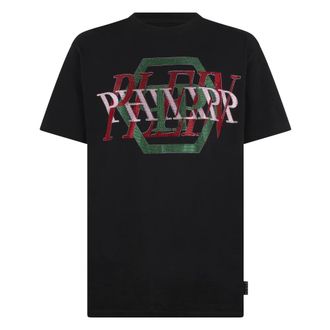 Philipp Plein Tops, Heren, Zwart, 3Xl, Katoen, Rondhals T-Shirt Logo Hexagon Stenen