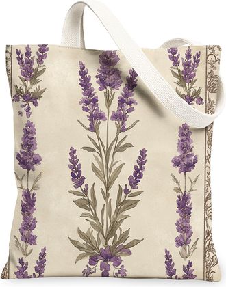 Generic Spring Aesthetic Lavender Canvas Tote Bag for Shopping 13x15, Vintage Retro Floral Reusable Grocery Print Bag for Women, Abstract Flower Beach Aesthet