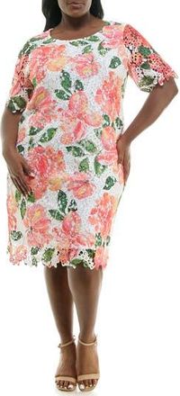 Nina Leonard Elbow Sleeve Lace Dress in Mango Multi at Nordstrom Rack, Size 2X