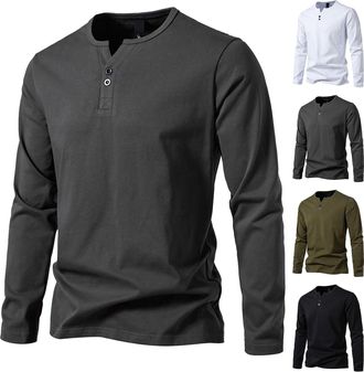 Generic Mens Waffle Henley T-Shirt Mens Long Sleeve Slim Fit Grandad Collar Button V-Neck Shirts Tops (Dark Gray, 4XL)