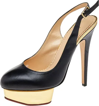 Charlotte Olympia Black Leather Dolly Platform Slingback Pumps