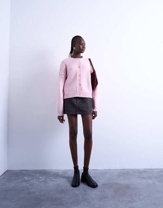 Topshop Cardigan rosa vestibilità comoda in maglia con cuciture a vista