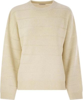 Brunello Cucinelli Sequin Stripe Knit Sweater - Dames - Ronde hals truien - Beige - M - Pailletten - Truien & Vesten