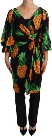 Dolce & Gabbana Womens Black Ananas Print Wrap Stretch Silk Dress - Size 4 UK