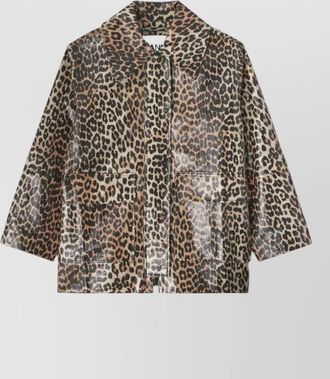 Ganni leopard print cotton blend long jacket