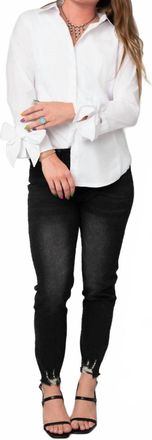 Zac & Rachel Poplin Button Front Blouse With Bow Tie Cuffs In White