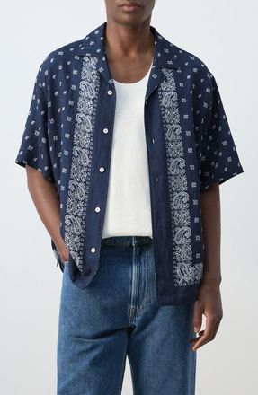 Mango Paisley Bandana Print Camp Shirt in Navy at Nordstrom, Size Medium