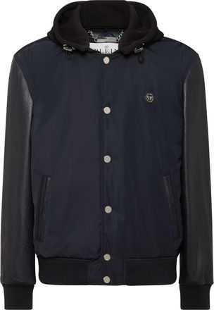 Philipp Plein Nylon & Leather Varsity Bomber Hooded Jacket