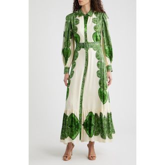 Elie Tahari The Harley Regent Placed Paisley Long Sleeve Stretch Silk Maxi Shirtdress in Regent Paisley Print at Nordstrom, Size 2