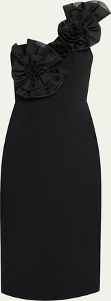 Aidan Mattox One-Shoulder Floral Applique Crepe Midi Dress