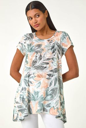 Roman Leaf Print Hanky Hem Tunic Top