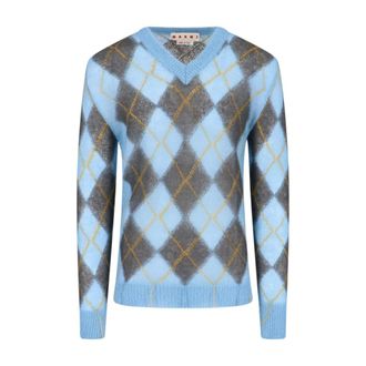 Marni V-neck Knitwear, male, Blue, Size: XL Blue Check Sweater Fringe Detail