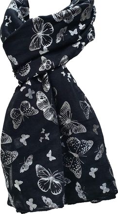 World of Shawls New Butterfly Print Ladies Celebrity Style Scarves Maxi, Scarf, Wrap, Sarong, shawls (Black With Silver Foil Butterfly)