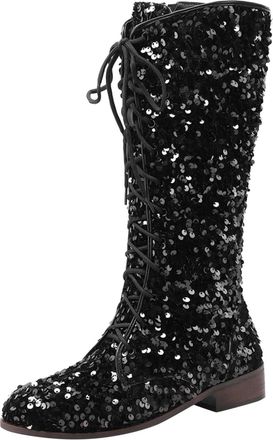 Generic Winter Women Retro Pattern Fashion Mid Calf Boots with Sequin Decoration Lace Up Design Comfortable Thick Low Heels Footwear (Black, 4. 5)