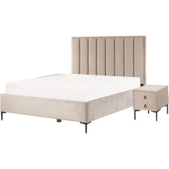 Beliani Conjunto De Dormitorio Moderno Cama 160 X 200 Cm Dos Mesitas De Noche Tapizado Terciopelo Gris Pardo Sezanne
