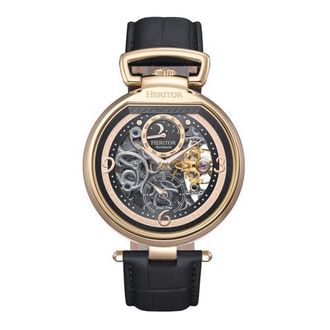 Heritor Lincoln Leather-Band Skeleton Watch with Moon Phase in Gold at Nordstrom