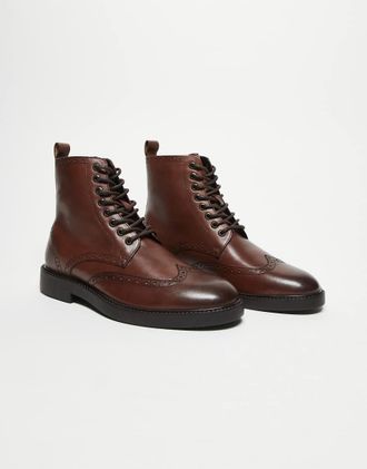 Asos Scarponcini stringati marroni in pelle con dettagli brogue-Marrone