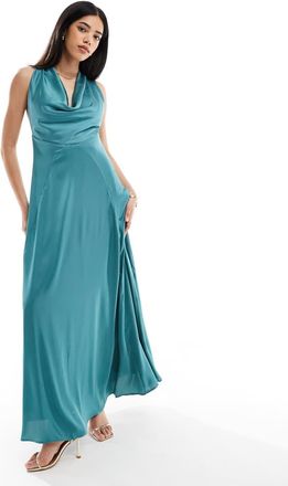 Tfnc Vestito lungo in raso verde-azzurro con scollo ad anello e schiena scoperta-Blu