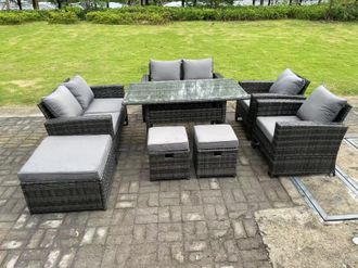 Fimous 9 Seater Dark Grey High Back Rattan Sofa Set Dining Table Garden Furniture Outdoor With Arm Chair Love Seat