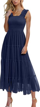 Generic Women Summer Strappy Maxi Dress Boho Sleeveless Beach Dress Womens Strap Sexy Mesh Dress Square Neck Smocked High Waist Double Layered A Line Flowy Su