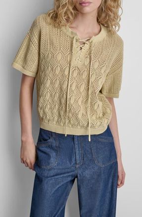 DKNY Lace-Up Placket Short Sleeve Semisheer Cotton Blend Pointelle Sweater in Mojave Desert at Nordstrom, Size X-Large