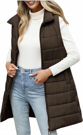 Generic Gilet for Women UK Quilted Puffer Jackets Full Zip Warm Sleeveless Gilets Lightweight Cozy Padded Jacket Long Hoodies Casual Comfy Waistcoat Transitio