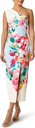 Adrianna Papell One-Shoulder Border Gown in Blue Multi at Nordstrom, Size 10