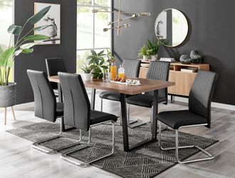 Furniturebox Kylo Large Brown Wood Effect Dining Table & 6 Lorenzo Faux Leather Chairs in Black