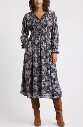 Chelsea28 Long Sleeve Smocked Waist Midi Dress in Navy- Green Frannie Floral at Nordstrom Rack, Size X-Small