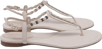 Ferragamo Chain-Link T-Strap Flat Sandals in White Leather