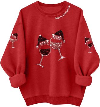 Generic Christmas Sweatshirts for Women Oversized Xmas Top Christmas Tree Gnome Santa Claus Print Jumper Xmas Sweater Top Holiday Crewneck Long Sleeve Shirts 