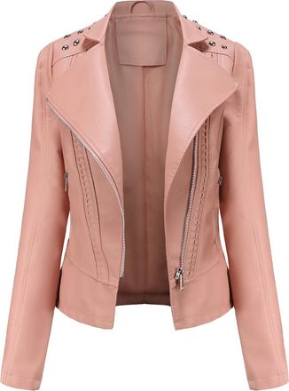Generic Women Leather Jacket Faux Motorcycle Coat Short Lightweight Pleather Crop Coat Fashion Zipper Casual Leather Jackets and Windbreaker Women Pink