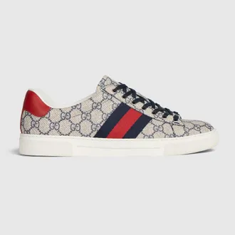 Gucci Mens Gucci Ace Sneaker With Web, Beige, GG Canvas