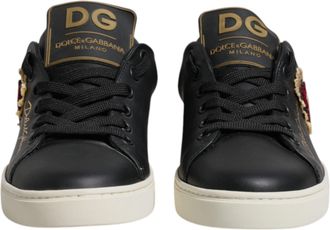 Dolce & Gabbana Black Leather Gold Red Heart Sneakers Womens Shoes