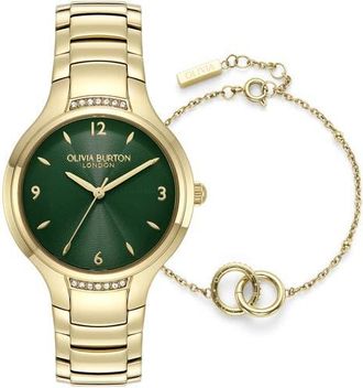 Olivia Burton Lea Bracelet Watch & Chain Bracelet Gift Set, 34mm in Green at Nordstrom