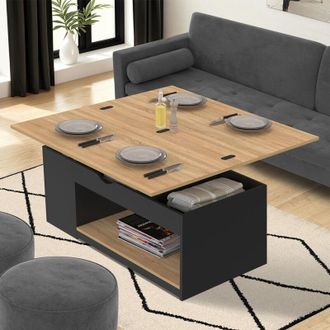 IDMarket Tavolino rettangolare trasformabile in tavolo da pranzo ELEA in legno nero e impiallacciatura di faggio