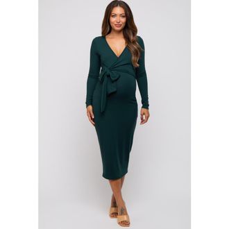 Pinkblush Blue Ribbed Long Sleeve Maternity Wrap Dress in Forest Green at Nordstrom, Size Medium