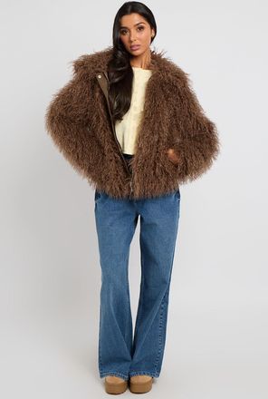 Urban Bliss Womens Mongolian Faux Fur Jacket - Brown Khaki - Size 10 UK