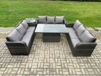 Fimous Patio Garden Dining Set Outdoor Rattan Furniture Lounge Sofa Height Adjustable Rising Table With Side Table in Dark Grey