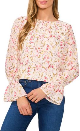 CeCe by Cynthia Steffe Floral Long Sleeve Ruffle Cuff Georgette Top in New Ivory at Nordstrom, Size X-Small