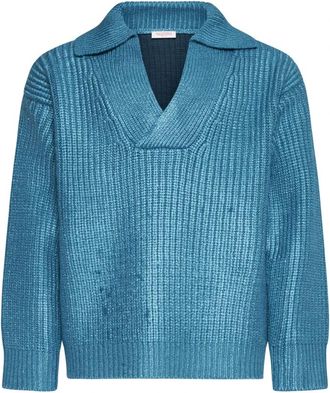 Valentino Blauwe Zijden Gebreide Trui Wrap V-Hals - Heren - V-hals truien - Blauw - M - Truien & Vesten