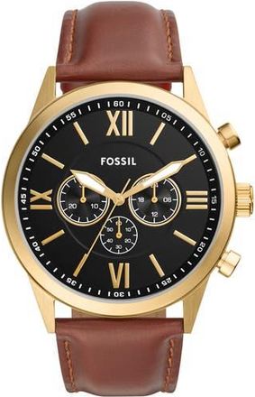 Fossil Flynn Chronograph Leather Strap Watch, 48mm in Gold at Nordstrom Rack