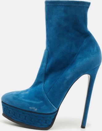 Casadei Blue Suede Chain Embossed Ankle Sock Boots