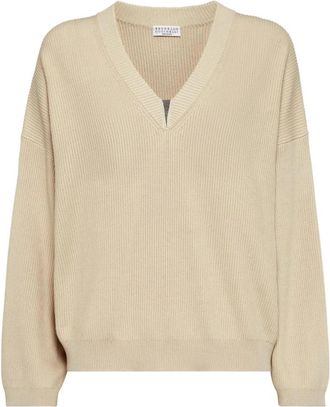 Brunello Cucinelli Monili Decoratie Witte Trui - Dames - V-hals truien - Beige - S - Katoen - Truien & Vesten