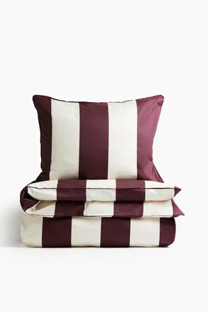 H&M Baumwollsatin-Bettw&auml;sche f&uuml;r Einzelbett - Weinrot/Gestreift