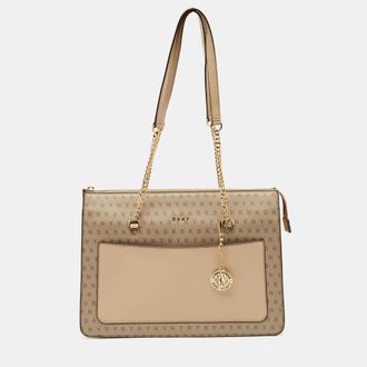 DKNY Dkny Beige Monogram Coated And Leather Large Bryant Chain Zip Tote